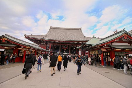 Photo for Tokyo, Japan - March 2, 2024:  Sensoji Temple entrance with temple in the back and buildings to the side - Royalty Free Image