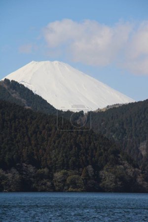 Fuji-san Mount Fuhi with snow on a clear blue day in the back and Lake Ashi in the front