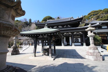 Kamakura, Japan -March 4, 2024: Buddhist Hase-kannon temple upper main square with main temple 