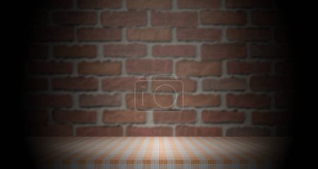 empty gingham pattern tabletop with red wall bricks background, blank countertop for product montage advertising