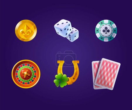 Casino equipment symbols accessories.Vector gambling design with poker cards and dice, a roulette wheel, and playing chips.Patrick's day, a lucky talisman. Golden horseshoes, four-leaf shamrock clover.