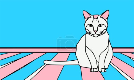 Illustration d'un chat assis sur un fond rayé rose et bleu