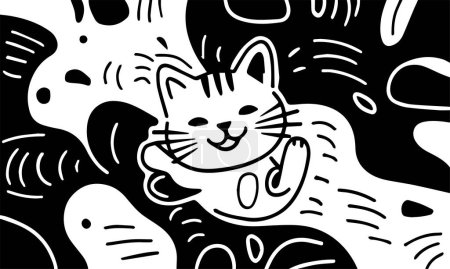 Téléchargez les illustrations : Charmant chat. Illustration vectorielle. Noir et blanc. Modèle sans couture. - en licence libre de droit