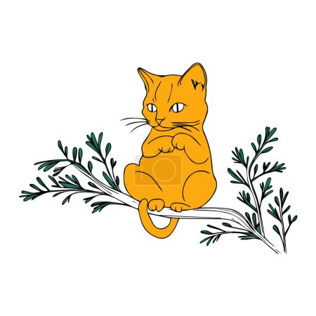 Mignon chat assis sur la branche avec des feuilles. Illustration vectorielle.