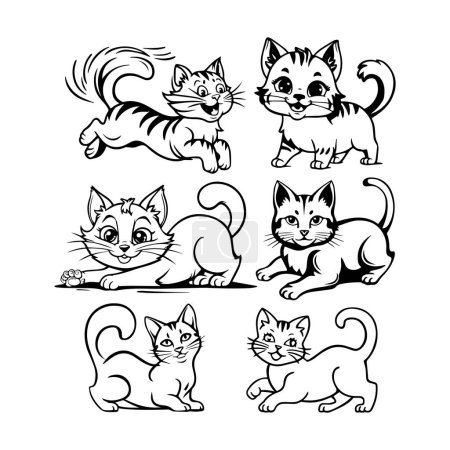 Ensemble de chats de dessin animé mignons isolés sur fond blanc. Illustration vectorielle en noir et blanc. Livre à colorier pour enfants.