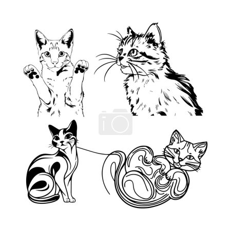 Set of cute cartoon cats isolated on white background. Vector illustration in black and white. Coloring book for children.
