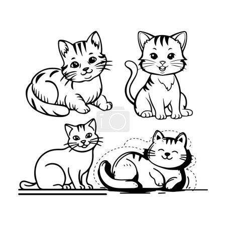 Ensemble de chats de dessin animé mignons isolés sur fond blanc. Illustration vectorielle en noir et blanc. Livre à colorier pour enfants.