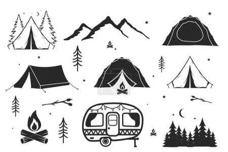 camping equipment silhouette collection set. tent, camp fire, hill, camping car, night camping, pain tree.