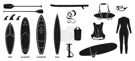Type of paddle boards and all SUP equipment silhouette