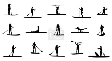 Women paddle boarding. Female SUP silhouette on white background.