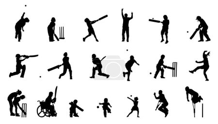 Junge, Mädchen und behinderte Cricket-Spieler Silhouette