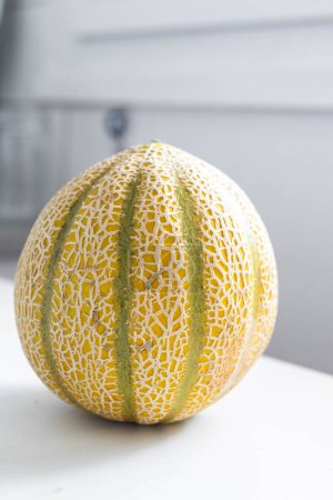 Eine kleine französische Melone auf einem weißen Küchentisch.