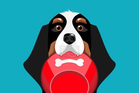 Ilustración de Perro sosteniendo un tazón en la boca sobre fondo aislado, ilustración vectorial. - Imagen libre de derechos