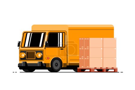 Illustration for Cargo truck with paper box on wood pallet on isolated background, Vector illustration. - Royalty Free Image