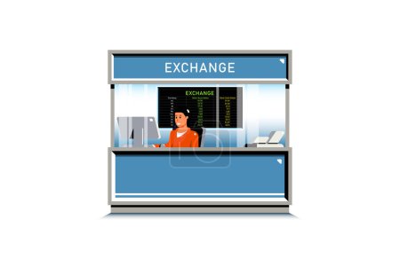 Illustration for Counter currency exchange service with female employee on isolated background, Digital marketing illustration. - Royalty Free Image