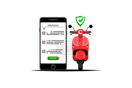 Online-Versicherung schützt Motorradfahrer, Versicherungsinformationen auf Smartphone mit Motorrad auf isoliertem Hintergrund, Vektorillustration.