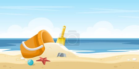 Plastic sand bucket with shovel and children toys on sand beach, Vector illustration.