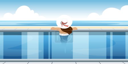 Téléchargez les illustrations : Vue arrière de la femme se relaxant au bord de la piscine, Illustration vectorielle. - en licence libre de droit