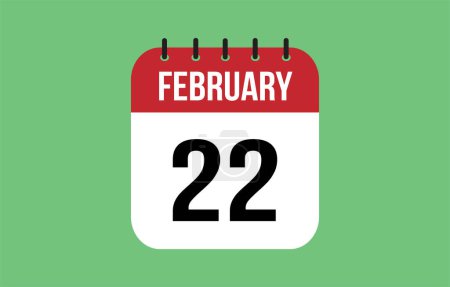 22 February calendar icon. Green calendar vector for February weekdays. Calendar page design on isolated background