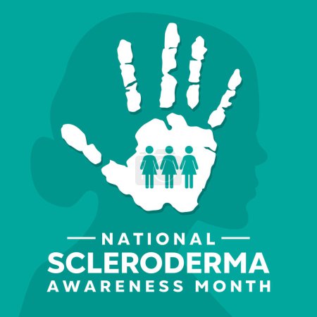 Mes Nacional de Concientización sobre la Esclerodermia. Mano, icono de la gente y mujeres. Ideal para tarjetas, pancartas, carteles, redes sociales y más. Fondo verde.