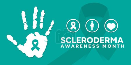 National Scleroderma Awareness Month. Hand, Schleife, Menschen-Ikone und Herz. Ideal für Karten, Banner, Poster, soziale Medien und vieles mehr. Grüner Hintergrund.