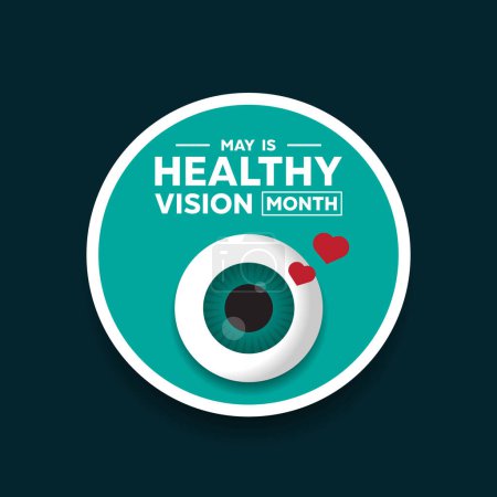 Sticker Healthy Vision Month. Eye and heart. Great for cards, banners, posters, social media and more. Dark green background.
