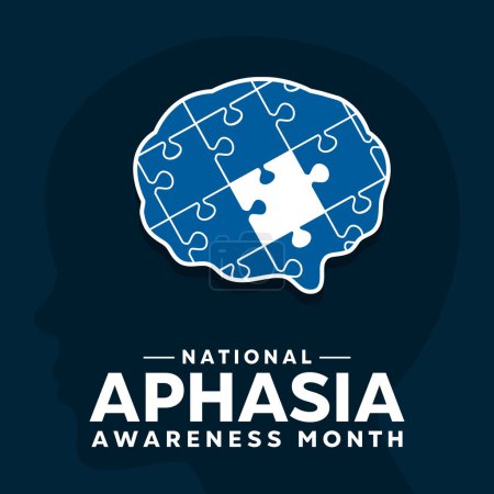 National Aphasia Awareness Month. Mensch, Gehirn und Puzzle. Ideal für Karten, Banner, Poster, soziale Medien und vieles mehr. Dunkelblauer Hintergrund.