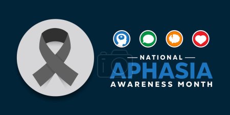 National Aphasia Awareness Month. Ribbon, human, Brain, message and heart. Great for cards, banners, posters, social media and more. Dark blue background.