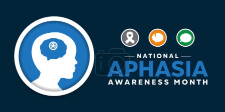 National Aphasia Awareness Month. Human, Brain and more. Great for cards, banners, posters, social media and more. Dark blue background.