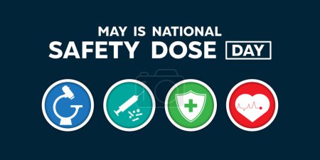 National Safety Dose Day. Microscope, syringe, shield and heartbeat. Perfect for cards, banners, posters, social media and more. Dark blue background. 
