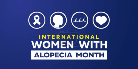 Téléchargez les illustrations : International Women With Alopecia Month. Ribbon, women, hair and heart. Great for cards, banners, posters, social media and more.  blue background. - en licence libre de droit