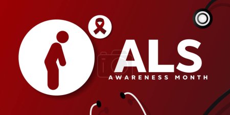 Als Awareness Month. Icon of a person, ribbon and stethoscope. Great for cards, banners, posters, social media and more. Red background.  