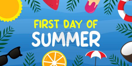 First Day of Summer. Sun, watermelon, glasses, ice cream and more. Great for cards, banners, posters, social media and more. Blue sky background.