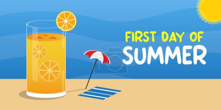 First Day of Summer. Orange juice, sun, sand and more. Great for cards, banners, posters, social media and more. Blue sky background.