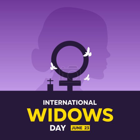 Journée internationale des veuves. Icône genre, femmes, tombes et colombes. Idéal pour les cartes, bannières, affiches, médias sociaux et plus encore. Fond violet.