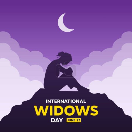 Journée internationale des veuves. Femmes, lune et nuage. Idéal pour les cartes, bannières, affiches, médias sociaux et plus encore. Fond violet.