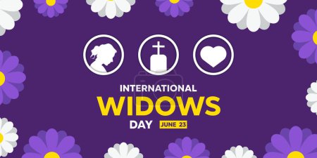 Día Internacional de las Viudas. Mujeres, tumbas y corazones. Ideal para tarjetas, pancartas, carteles, redes sociales y más. Fondo púrpura.