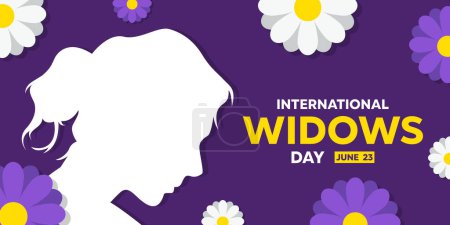 Día Internacional de las Viudas. Mujeres y flores. Ideal para tarjetas, pancartas, carteles, redes sociales y más. Fondo púrpura.