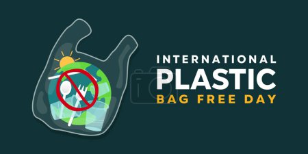 Día Internacional de Bolsa de Plástico Libre. Plástico, tierra, cucharas y más. Ideal para tarjetas, pancartas, carteles, redes sociales y más. Fondo verde oscuro.