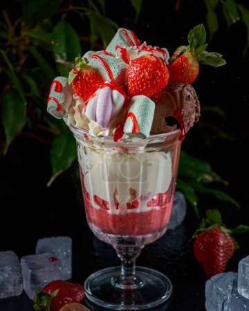 Foto de Una taza de helado con chocolate, vainilla, fresas y malvavisco - Imagen libre de derechos