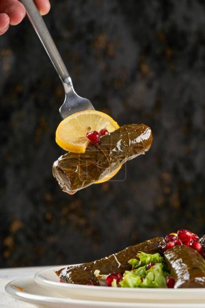Foto de Rollos de hojas de uva rellenos de arroz y carne, un plato popular de aperitivo turco-árabe - Imagen libre de derechos