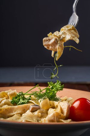 Foto de Pasta con pechugas de pollo picadas y salsa de champiñones - Imagen libre de derechos
