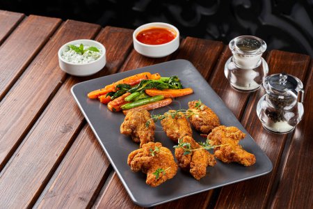 Photo for Fried chicken wings dish with vegetables - Royalty Free Image