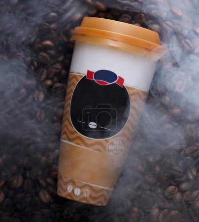 coffee cup and coffee beans with smoke