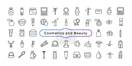 Kosmetik und Schönheit Ikonen gesetzt. Set von dekorativen Kosmetiksymbolen für Haut und Gesicht.