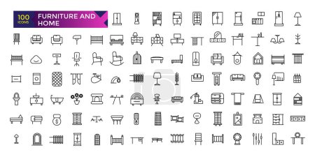 Furniture and home interior elements Thin outline icons pack. Smart home furniture and appliances.