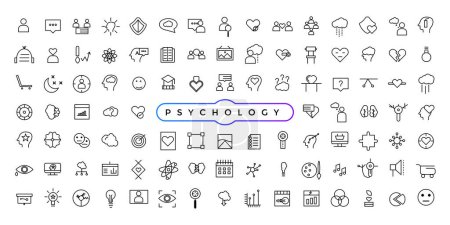 Liniensymbole für Psychologie und psychische Gesundheit gesetzt. Einfache Zeilenkunst-Stil-Symbole packen. Thin Line Web Icon gesetzt.