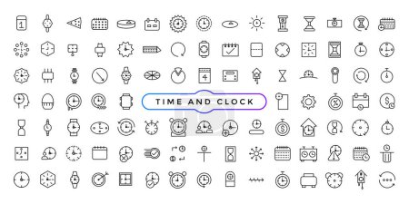 Lineare Symbole für Uhrzeit und Uhrzeit eingestellt. Datum und Uhrzeit, Timer, Uhr, Geschwindigkeit, Kalender, Wecker.