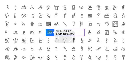 Ilustración de Cuidado de la piel y belleza icono conjunto línea simple estilo arte iconos pack. Ilustración vectorial - Imagen libre de derechos