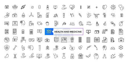 Kollektion von Symbolen aus den Bereichen Gesundheit und Medizin. UI-Symbol in einem flachen Design. Umrisssymbole packen. Vektorillustration